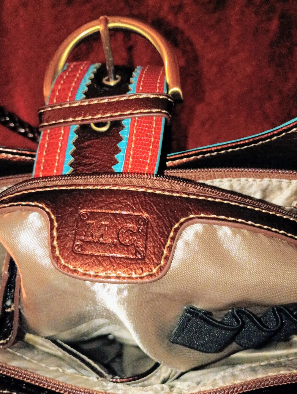 Marc Chantal M.C. Brown Leather Shoulder Bag with Red & Turquoise Trim
